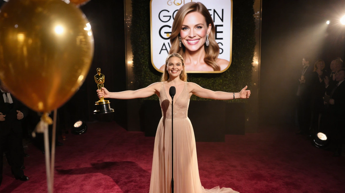 Jessie Buckley celebrating Golden Globe win with arms outstretched and Julia Roberts smiling on screen behind her