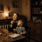 Jessie Buckley feeding her son with warm smile at rustic kitchen table with golden candlelight and family photos on wall