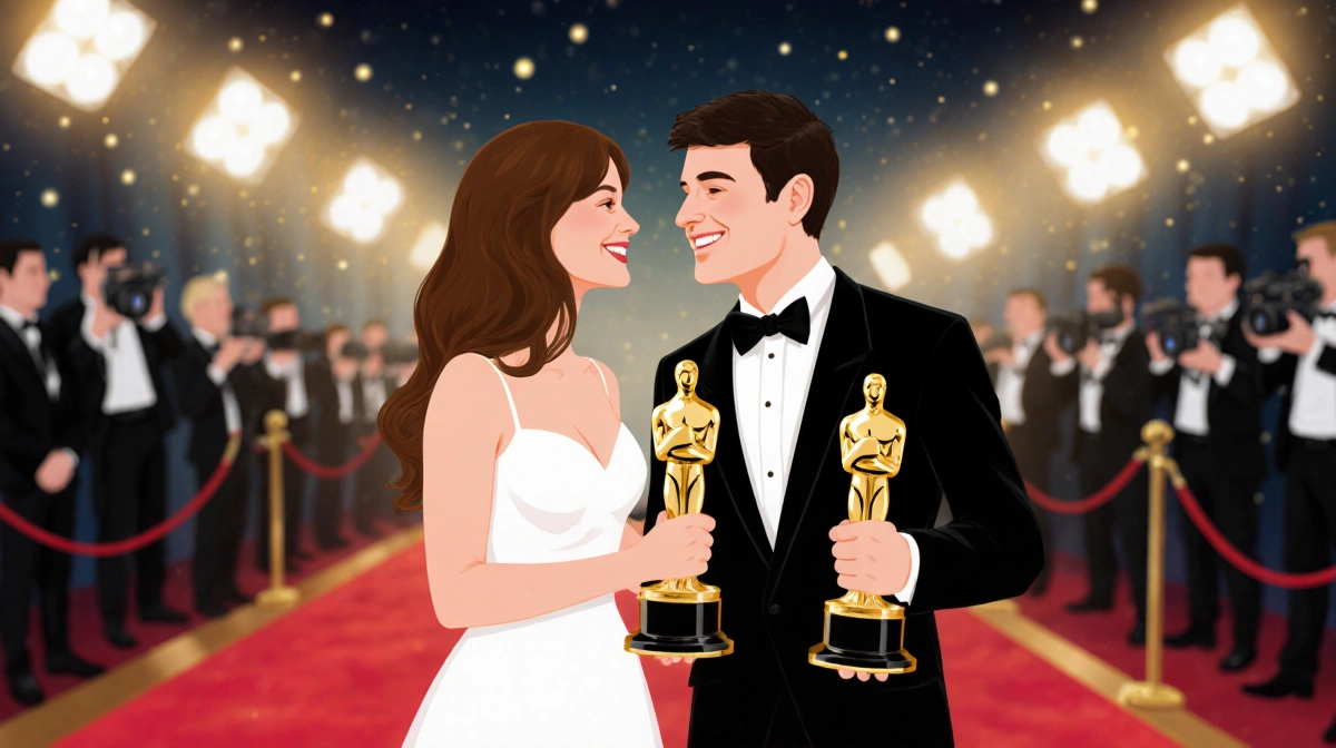 Jessie Buckley and Paul Mescal holding gold statuettes at awards show with red carpet lights behind