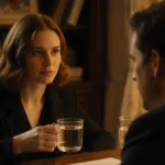 Jessie Buckley and Paul Mescal sharing water in cozy room with bookshelf behind them