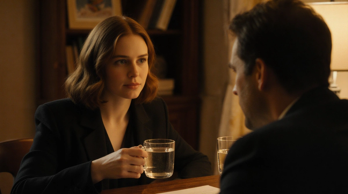 Jessie Buckley and Paul Mescal sharing water in cozy room with bookshelf behind them