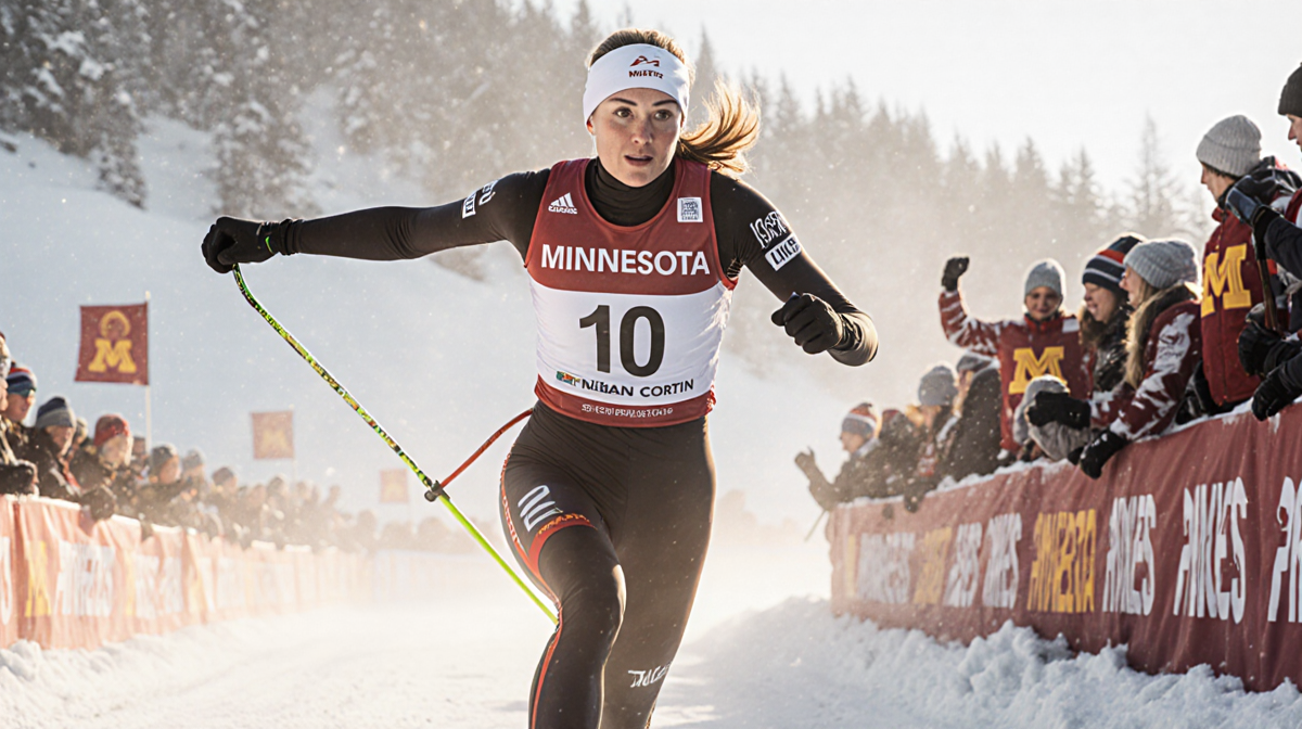 Jessie Diggins mid-stride with arms outstretched and determined expression against Olympic winter skiing spectators cheer