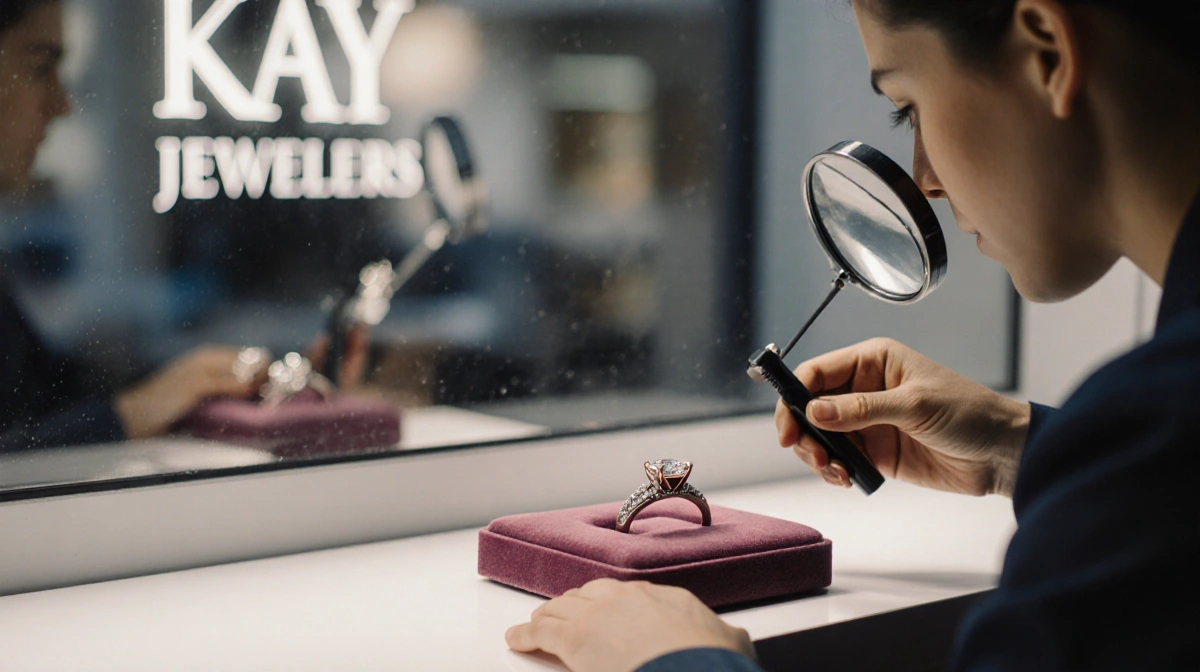 Jeweler examining diamond ring under magnifying glass with Kay Jewelers logo visible through window