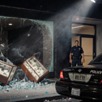 Police car parked with flashing lights and spotlight and security guard in doorway beside shattered jewelry case