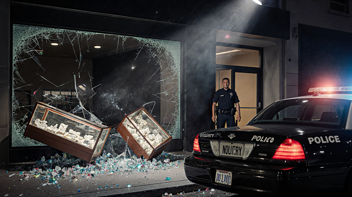Police car parked with flashing lights and spotlight and security guard in doorway beside shattered jewelry case