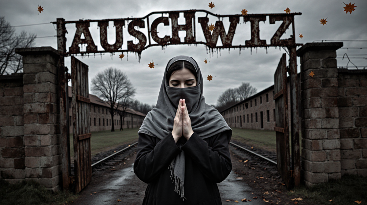Young Jewish woman praying before a rusty gate with faded Auschwitz sign and autumn leaves