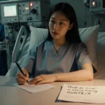 Ji-young Yoo writes an autograph request with a pen in her hand and a fan note on the bedside table near the hospital bed.