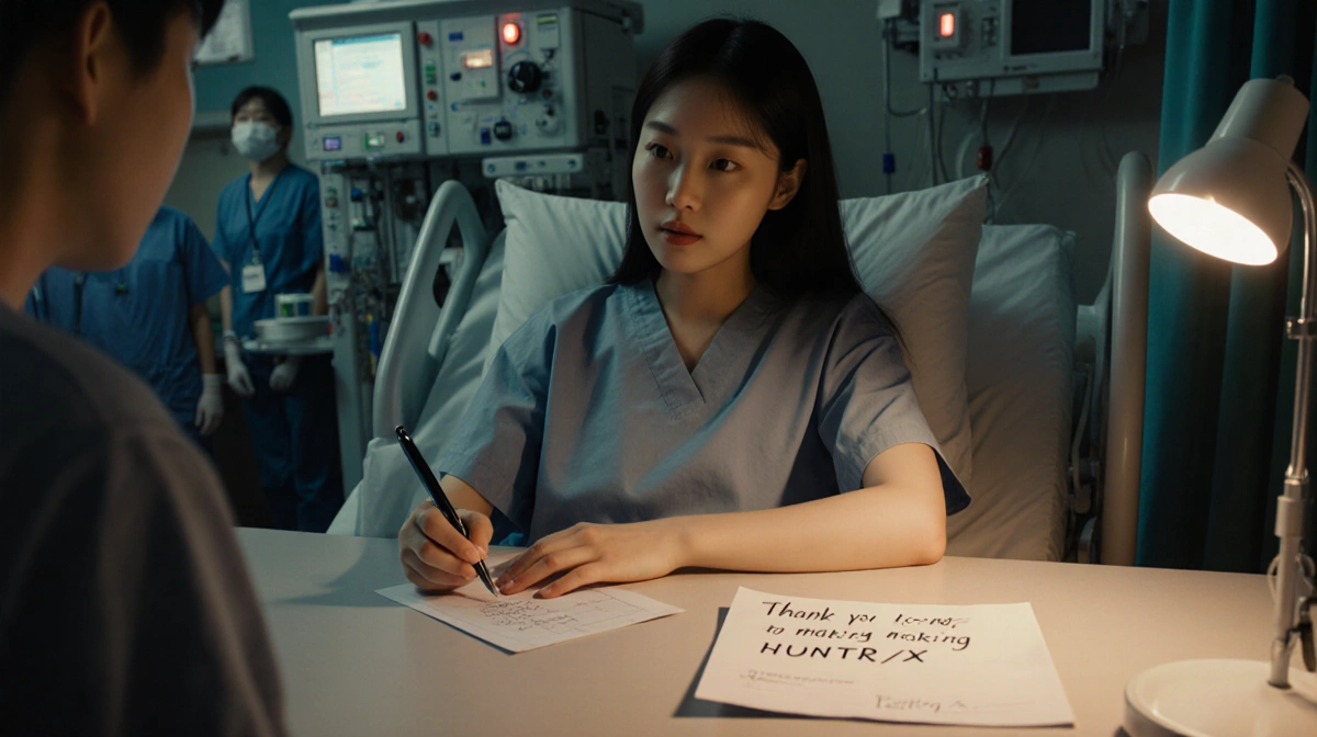 Ji-young Yoo writes an autograph request with a pen in her hand and a fan note on the bedside table near the hospital bed.