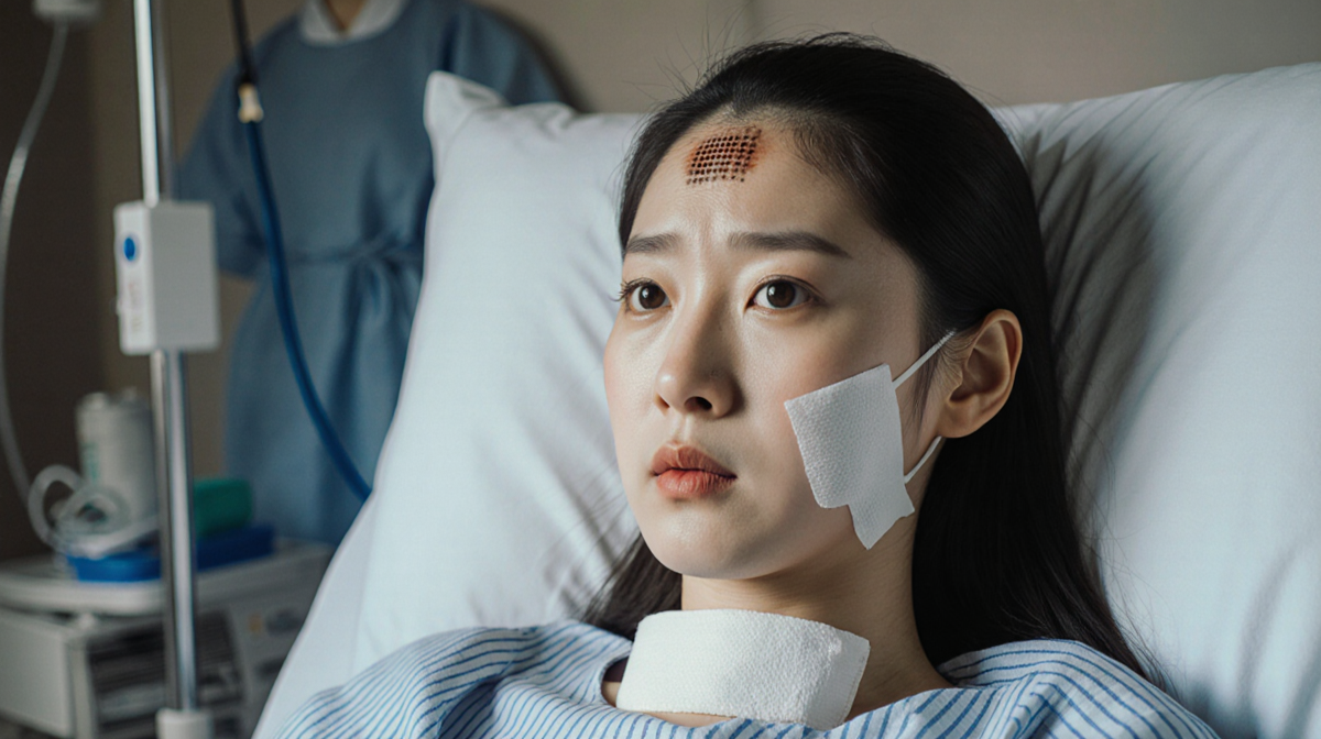 Jieun Yoo lying in hospital bed with worried expression and surgical scars on scalp and bandages covering shaved area