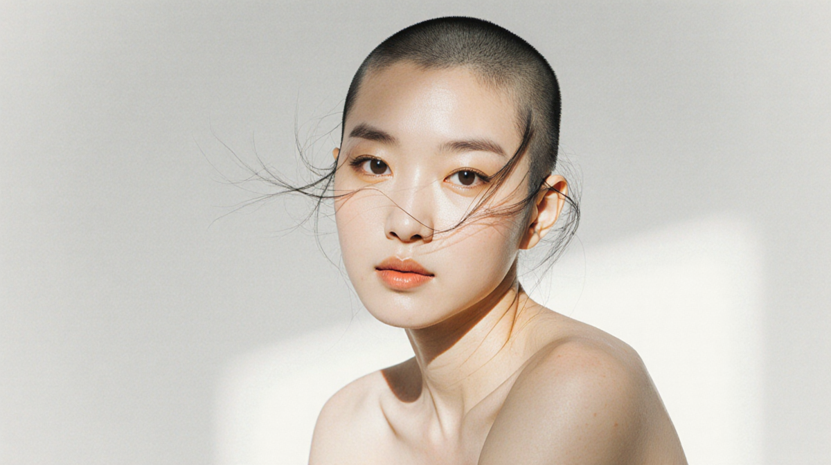 Jieun Yoo sits with shaved head angled looking confidently at camera with warm glow and subtle background blur