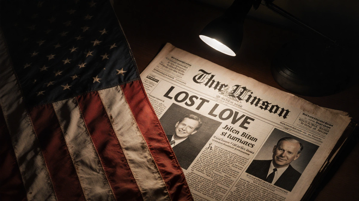 Worn American flag covers newspaper obituary with Jill Biden name and Bill Stevenson face showing Lost Love title