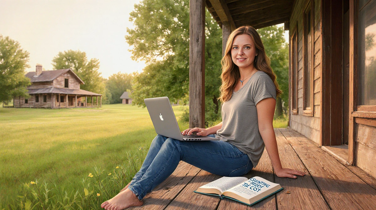 Jill Duggar sits on rustic porch reading her memoir Counting the Cost with family homestead visible through trees