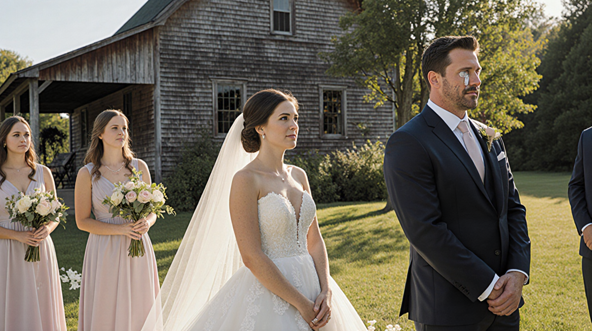 Jillian Dempsey walking down the aisle with romantic dress and sunlight filtering through trees at a rustic Maine farmhouse