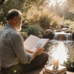 Jim sits reading his wellness guide with candles and books in a lush outdoor setting