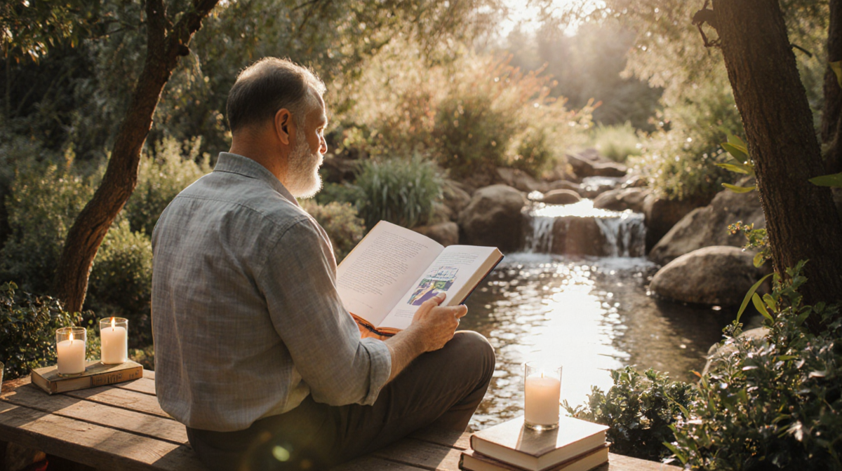 Jim sits reading his wellness guide with candles and books in a lush outdoor setting