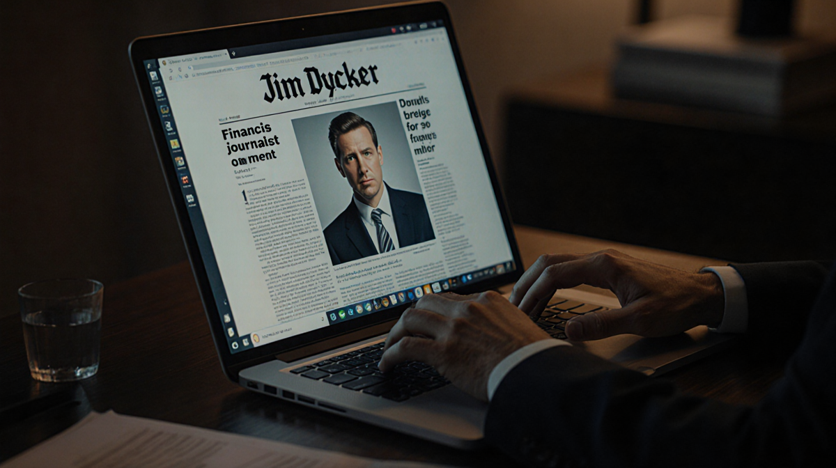 Jim Dycker typing on laptop with finance article and blurred background showing nervous expression and typography