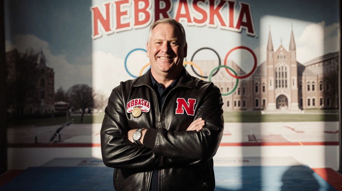 Jim Hartung stands with crossed arms and warm smile wearing Husker jacket with Nebraska gymnastics backdrop and faded Olympic