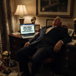 Jim Irsay lies slumped over his desk with NFL trophies scattered around and a laptop showing a death headline in a hotel room