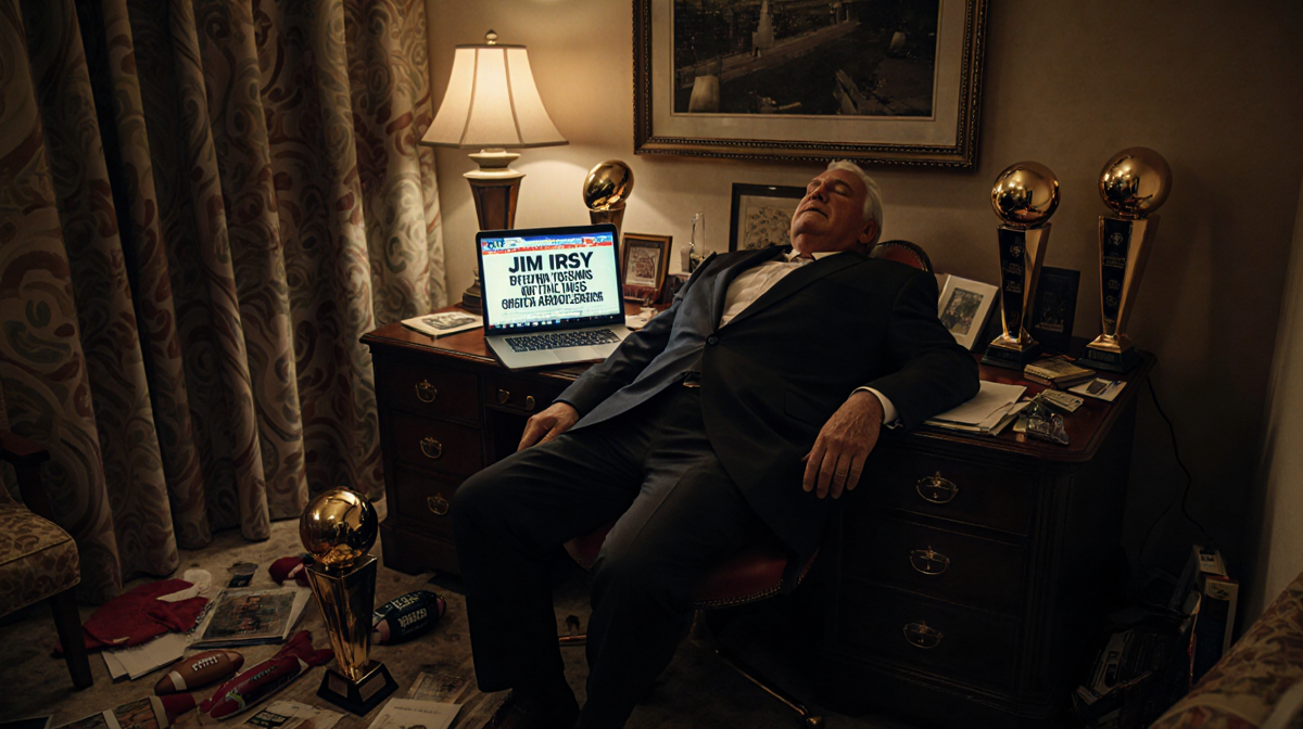 Jim Irsay lies slumped over his desk with NFL trophies scattered around and a laptop showing a death headline in a hotel room