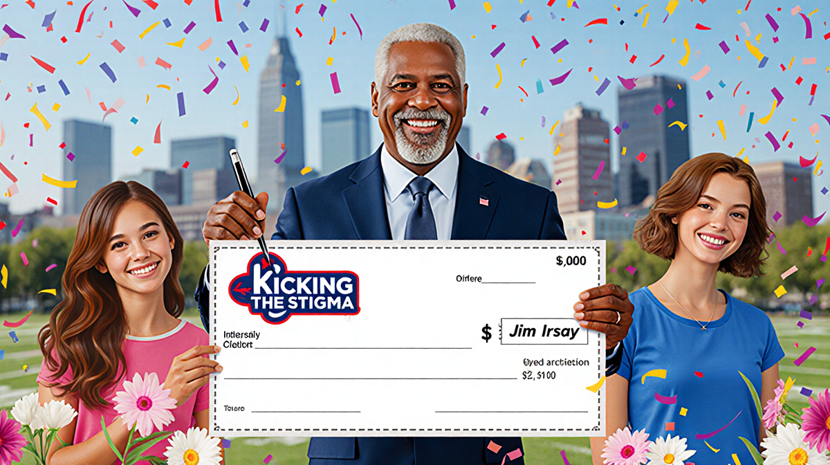 Jim Irsay standing with a large donation check Kicking The Stigma logo smiling amid confetti daughters Indianapolis skyline.