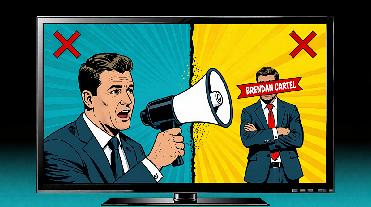 Jimmy Kimmel delivers on a screen with FCC Brendan Carr holding megaphone and red tape on screen.