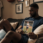 Jimmy Butler sits on couch with ice pack on leg holding baseball bat and looking at nostalgic childhood catch photo.