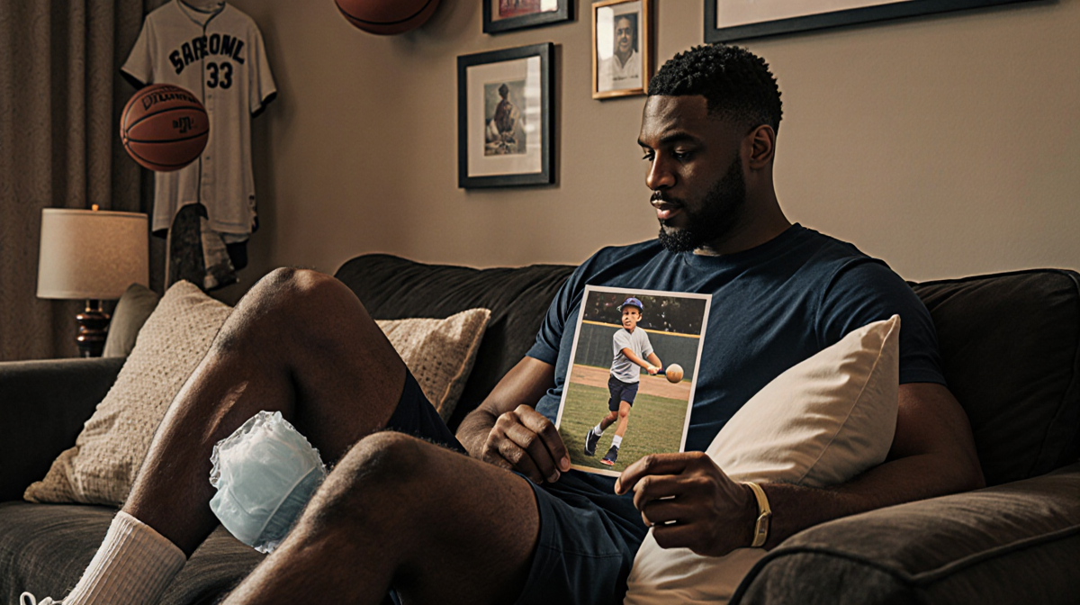 Jimmy Butler sits on couch with ice pack on leg holding baseball bat and looking at nostalgic childhood catch photo.