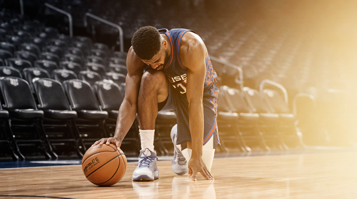 Jimmy Butler clutching his knee in pain with basketball nearby and empty arena seats behind
