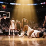 Jimmy Butler lies on the court holding his knee in pain with teammates rushing to support and a warm spotlight over Heat logo
