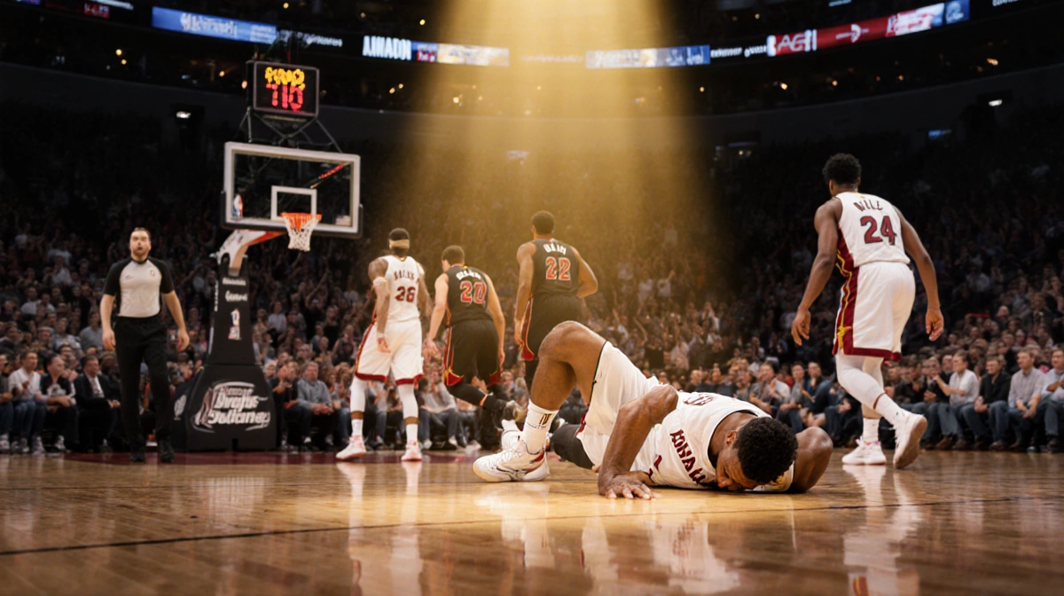 Jimmy Butler lies on the court holding his knee in pain with teammates rushing to support and a warm spotlight over Heat logo