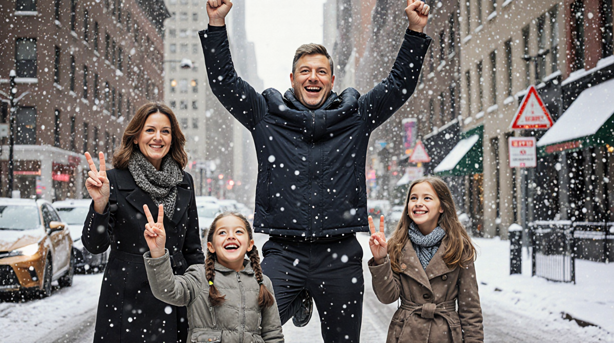 Jimmy Fallon stands on leg with arms raised daughter Frances smiles up Juvonen and daughter hold peace signs on snowy New Yor