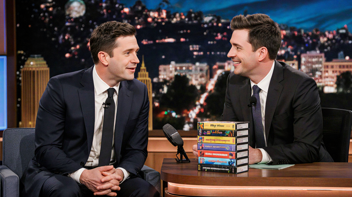 Jimmy Fallon sits across from Pete Davidson with a neat stack of VHS tapes and a blurred Tonight Show set behind them