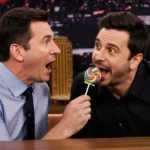 Jimmy Fallon reacts with surprise as Marcello Hernández bites a musical lollipop with bone-conduction tech and colorful candy