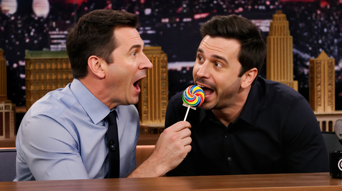 Jimmy Fallon reacts with surprise as Marcello Hernández bites a musical lollipop with bone-conduction tech and colorful candy