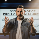 Jimmy Kimmel gesturing emphatically with frustrated expression and FCC notice visible behind TV studio backdrop