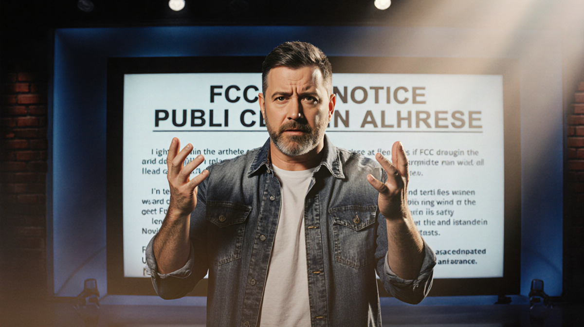 Jimmy Kimmel gesturing emphatically with frustrated expression and FCC notice visible behind TV studio backdrop