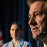 Jimmy Kimmel weeping with golden light and a faint nurse silhouette in the background and a subtle flag hinting at patriotism