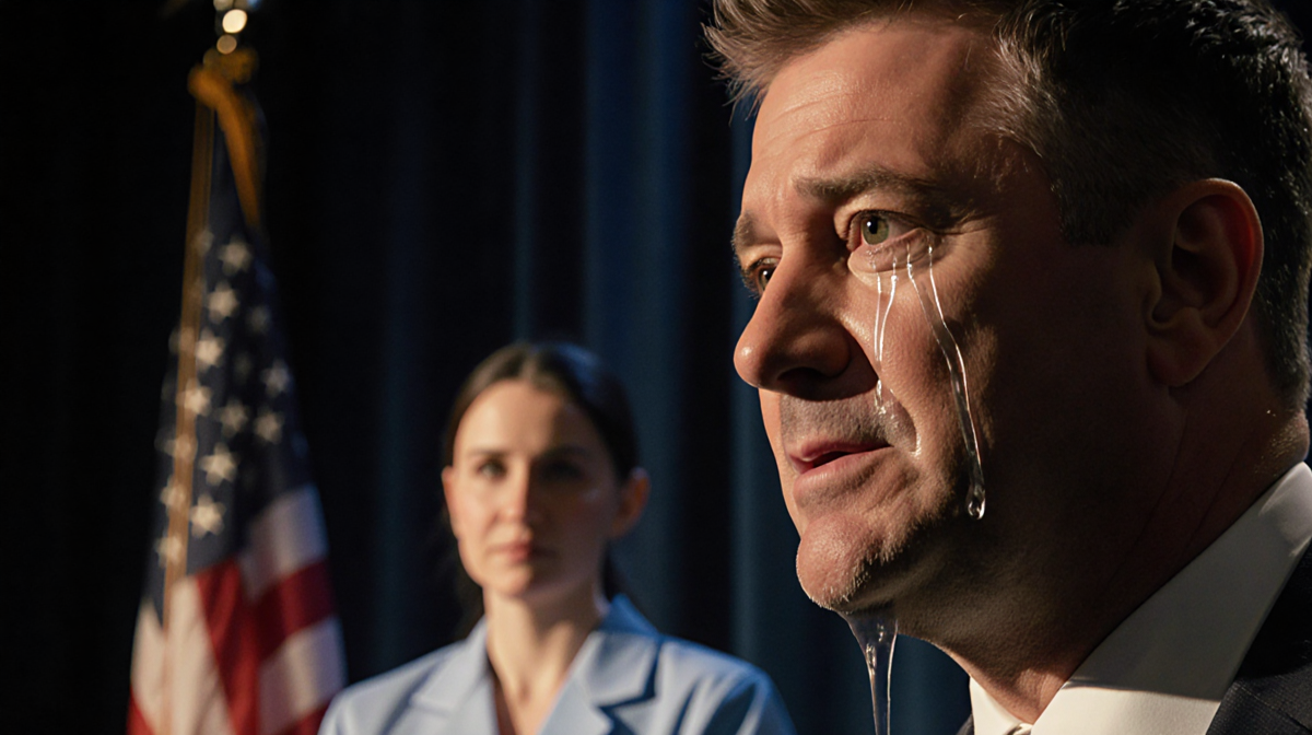 Jimmy Kimmel weeping with golden light and a faint nurse silhouette in the background and a subtle flag hinting at patriotism