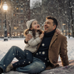 Jimmy Fallon playing with his daughter Frances on a blanket in a snowy New York City park and streetlamp glow.