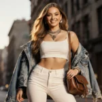 Stylish woman posing with distressed denim jacket draped over leather bag and city skyline behind her showing effortless chic