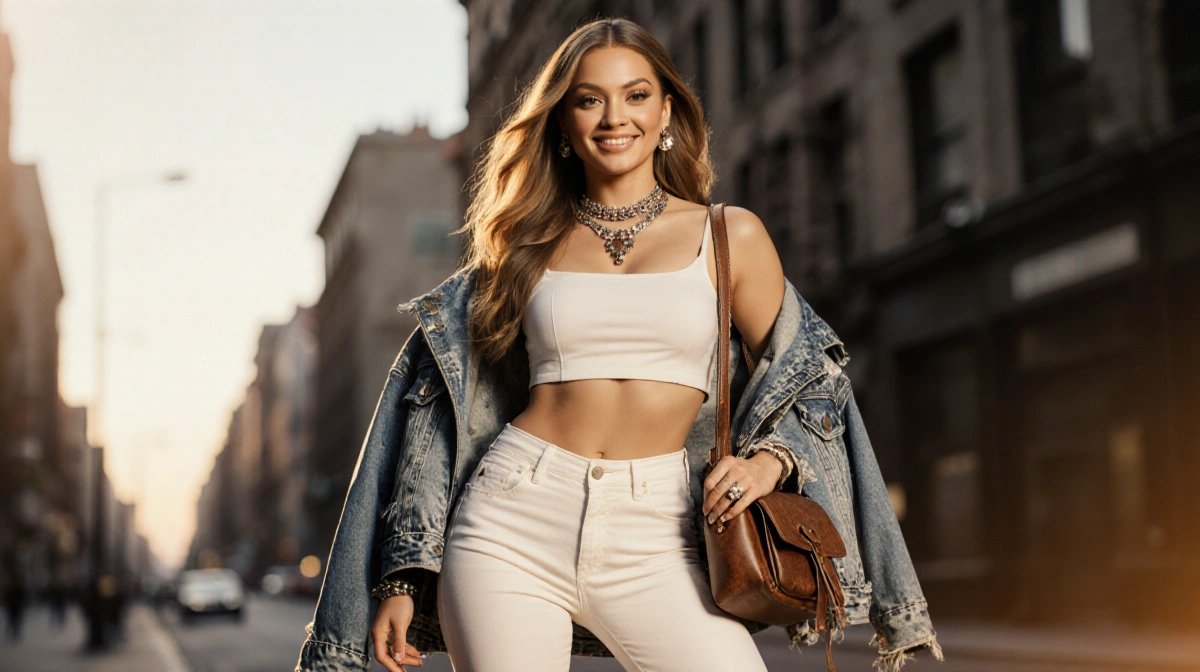 Stylish woman posing with distressed denim jacket draped over leather bag and city skyline behind her showing effortless chic
