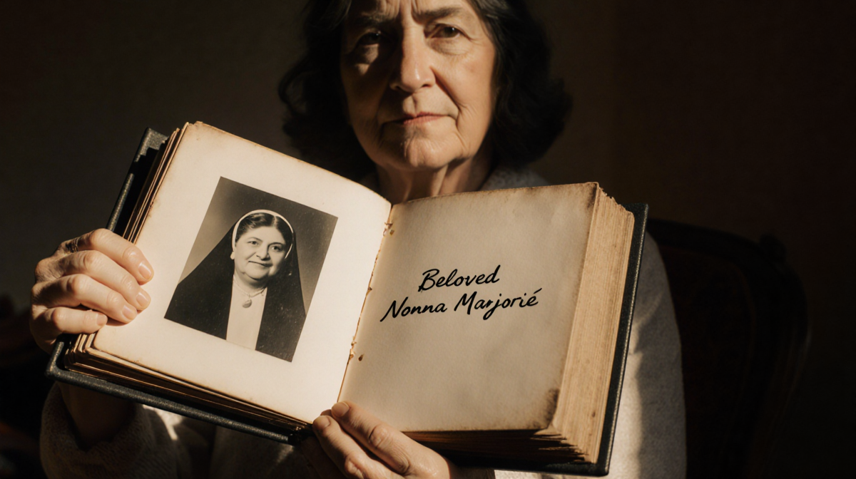 Joan Grande holding family album with handwritten Beloved beside faded black and white photo of Nonna Marjorie in warm room