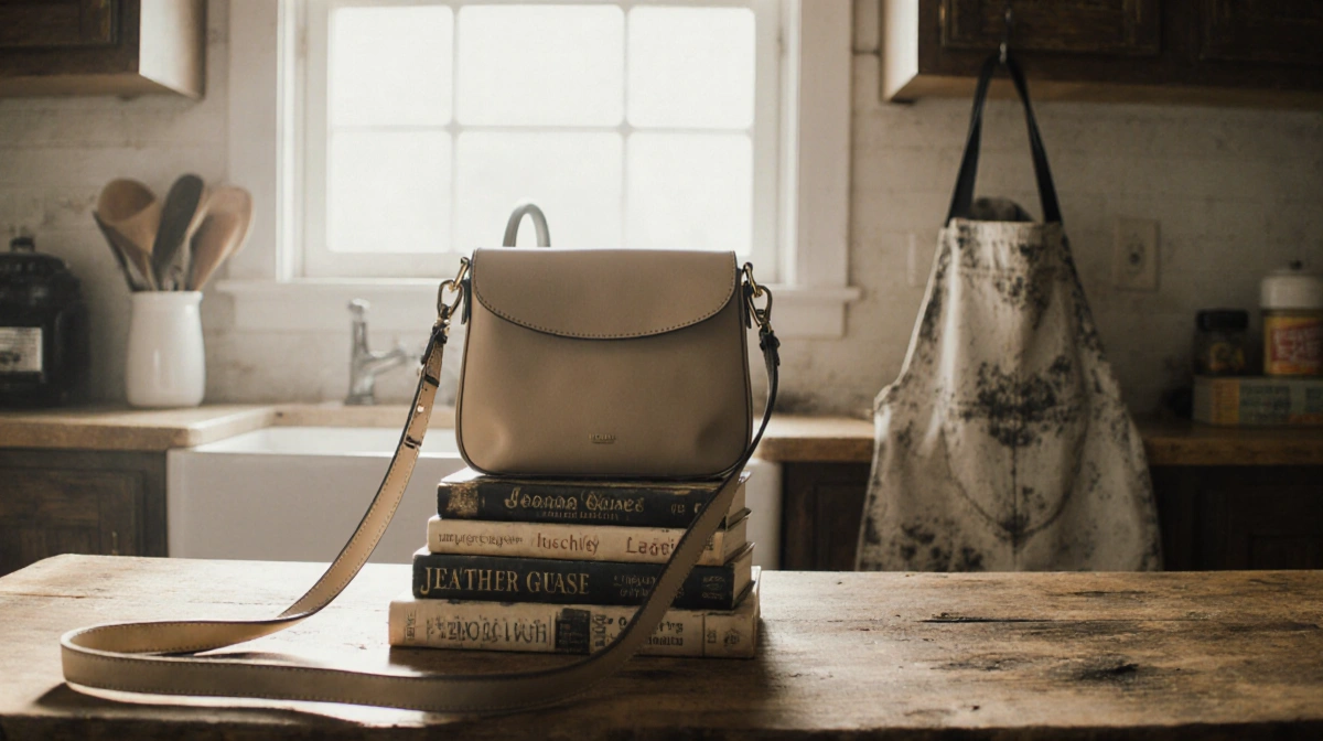 Joanna Gaines style crossbody bag rests on vintage cookbooks with distressed apron hanging nearby and soft window light filli
