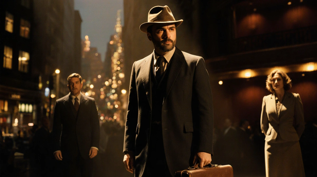 Joaquin Consuelos performs on Broadway stage with fedora and suitcase as Death of a Salesman with cast members watching