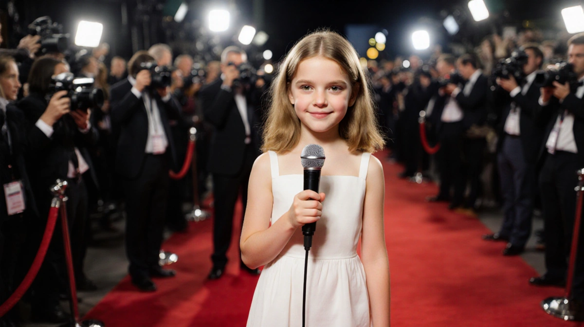 Young teen girl confidently holds microphone on red carpet with paparazzi cameras flashing and security guard watching nearby