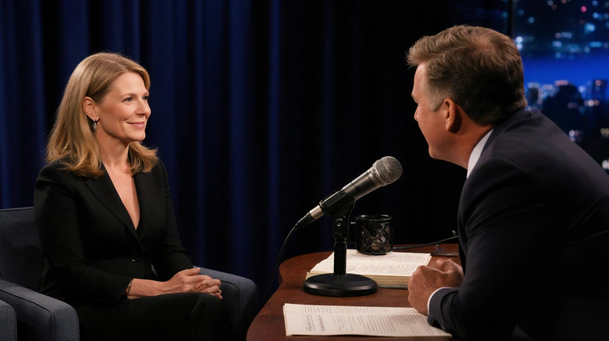 Jodie Foster conversing with Conan O'Brien in a low-lit podcast studio with a microphone and script
