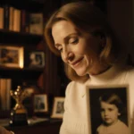 Jodie Foster sits in a study looking at a childhood photo with warm golden light from a nearby bookshelf and film reels.