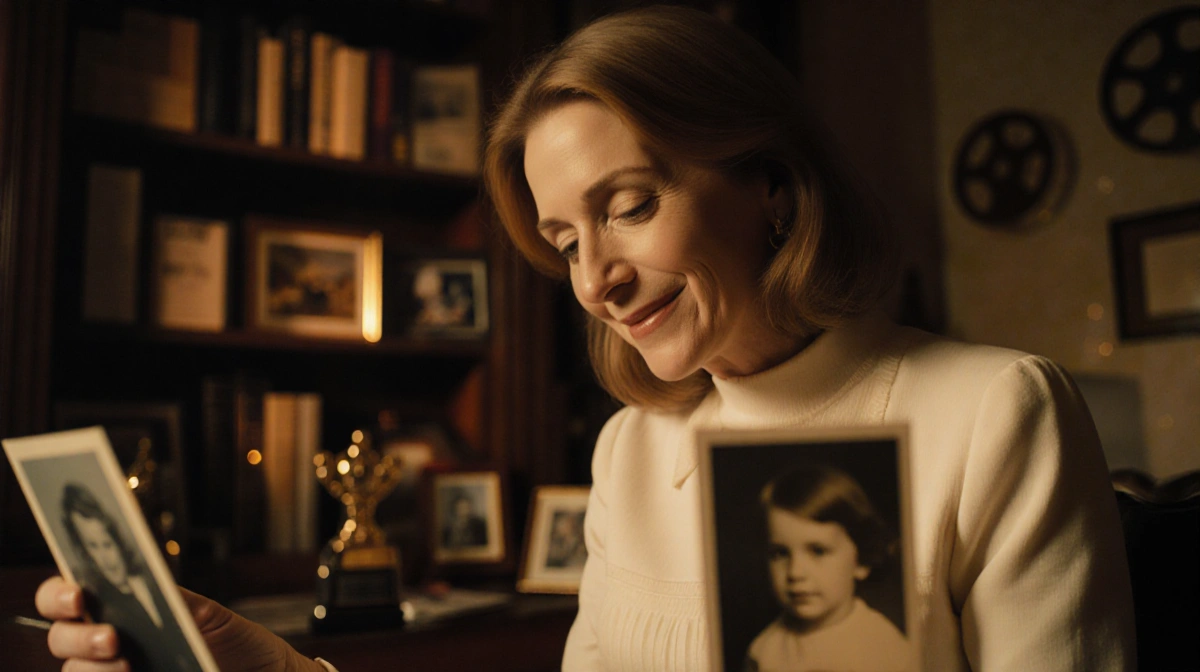 Jodie Foster sits in a study looking at a childhood photo with warm golden light from a nearby bookshelf and film reels.