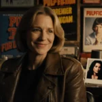 Jodie Foster sits recalling film history with leather jacket and Polaroid of Mia Wallace near vintage posters.