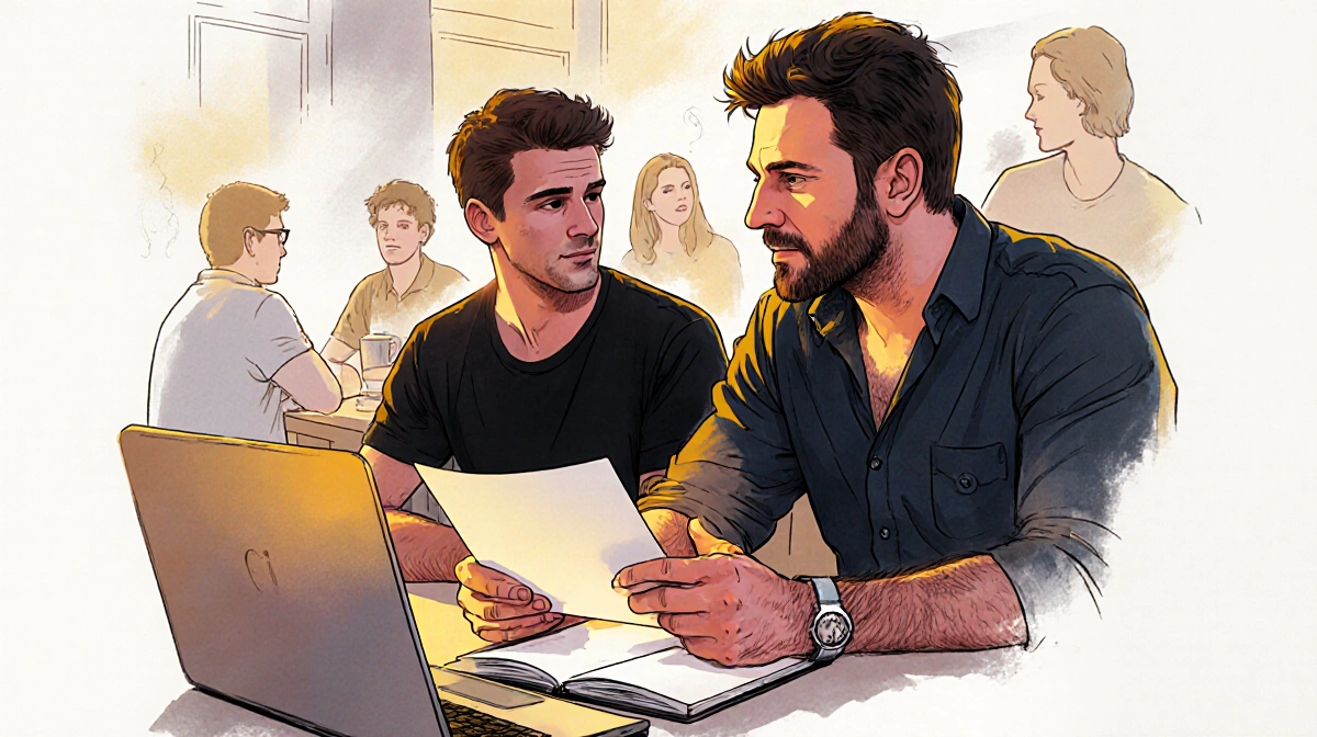 Joe Carnahan listening to his friend with warm lighting on his face and notebook hinting at creative process